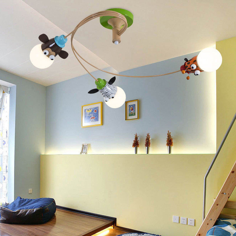 Metallic Spiral Semi Flush Mount Cartoon Yellow Ceiling Mounted Light with Decorative Animal Head