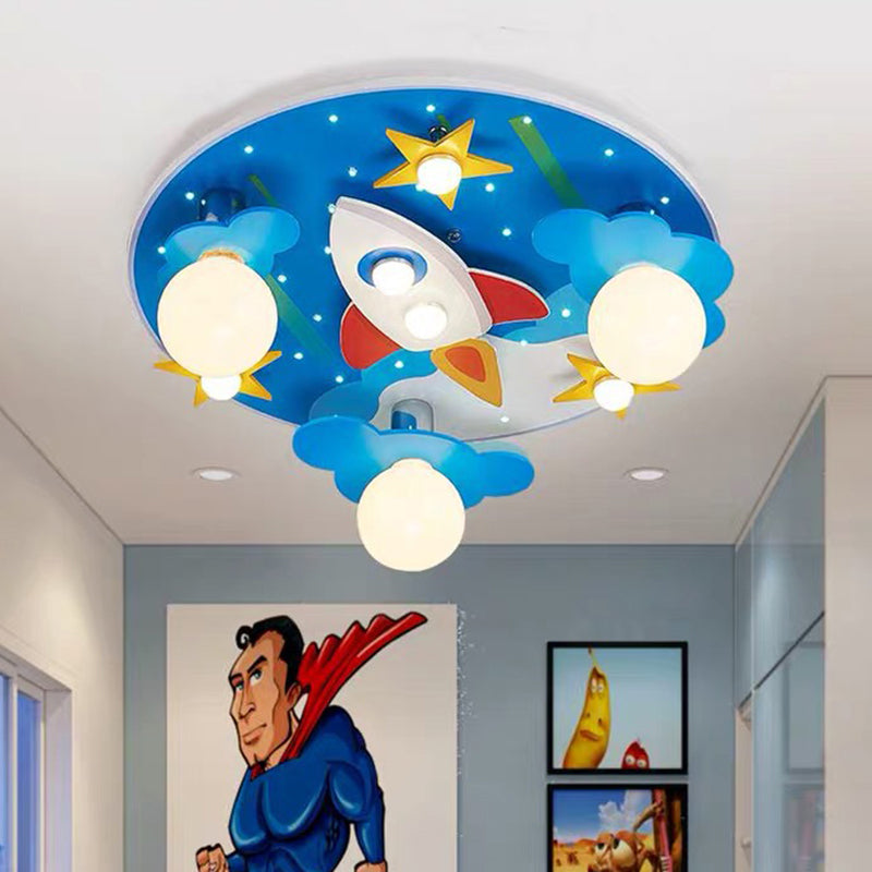 Wooden Rocket and Star Flush Mount Childrens 8 Bulbs Blue Flushmount Ceiling Light