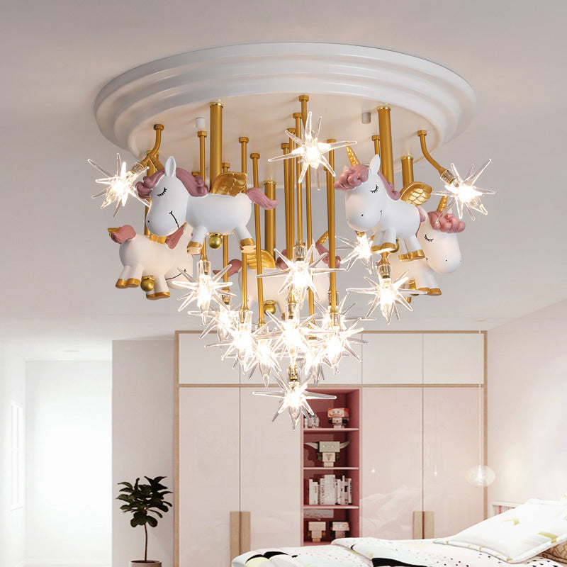 Flying Unicorn Kindergarten Semi Flush Mount Resin Kids LED Ceiling Mounted Lighting