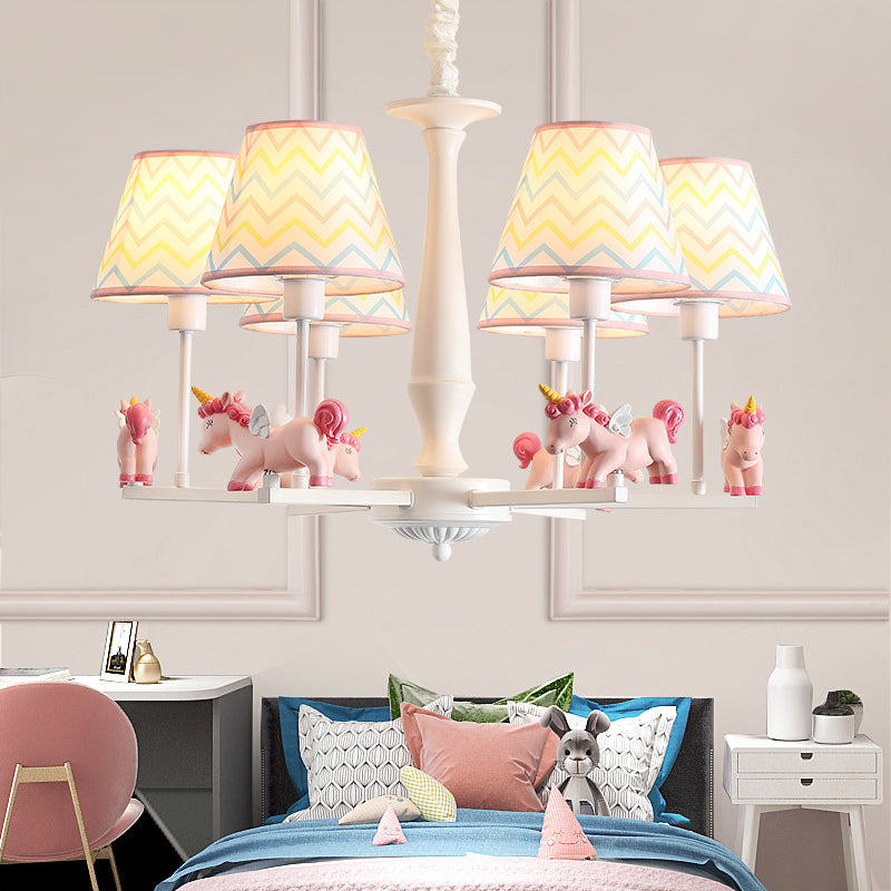 Patterned Fabric Tapered Chandelier Pendant Light Cartoon Pink Hanging Light with Unicorn Decor