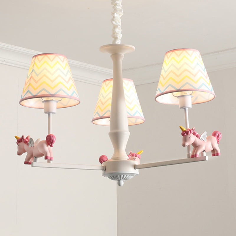 Patroon stof taps toelopend kroonluchter hanglamp cartoon roze hangend licht met eenhoorn decor
