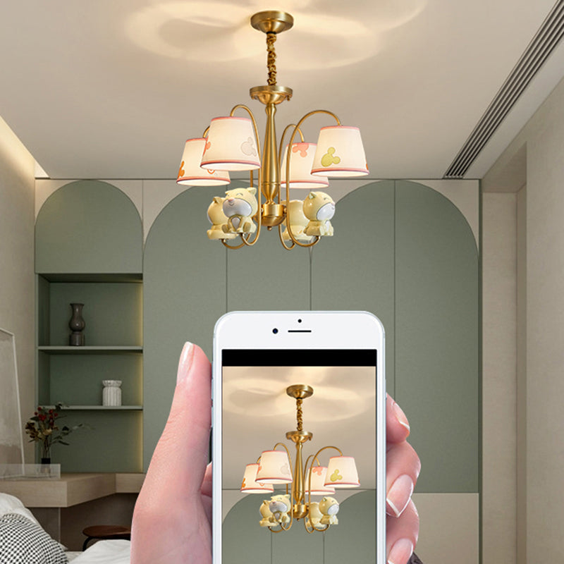 Patterned Fabric Tapered Chandelier Lighting Cartoon Gold Pendant Light with Resin Animal