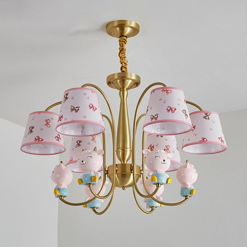 Animal Nursery Ceiling Lighting Resin Childrens Chandelier Light Fixture with Tapered Fabric Shade in Gold