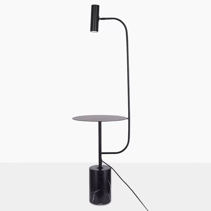 Cylinder Base Stand Up Lamp Minimalistic Marble Living Room LED Floor Lighting with Metallic Tray in Black