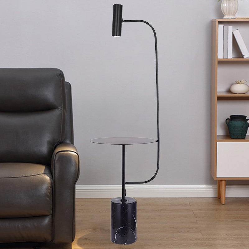 Cilinderbasis Stand Up Lamp Minimalistisch marmer Woonkamer LED -Vloerverlichting met metalen dienblad in zwart