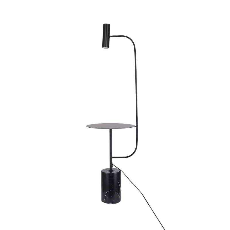 Cylinder Base Stand Up Lamp Minimalistic Marble Living Room LED Floor Lighting with Metallic Tray in Black