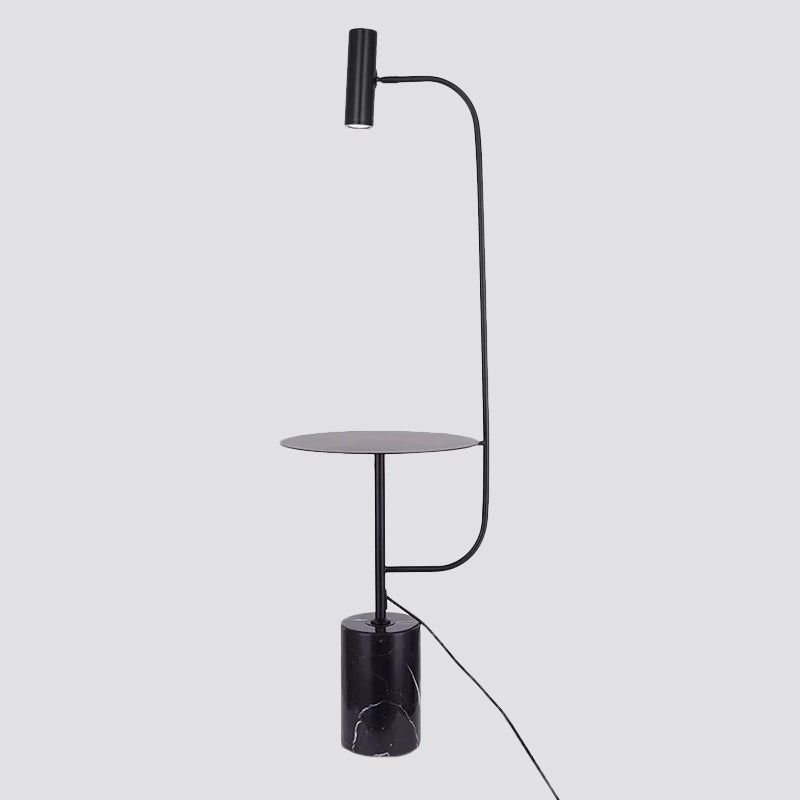 Cylinder Base Stand Up Lamp Minimalistic Marble Living Room LED Floor Lighting with Metallic Tray in Black