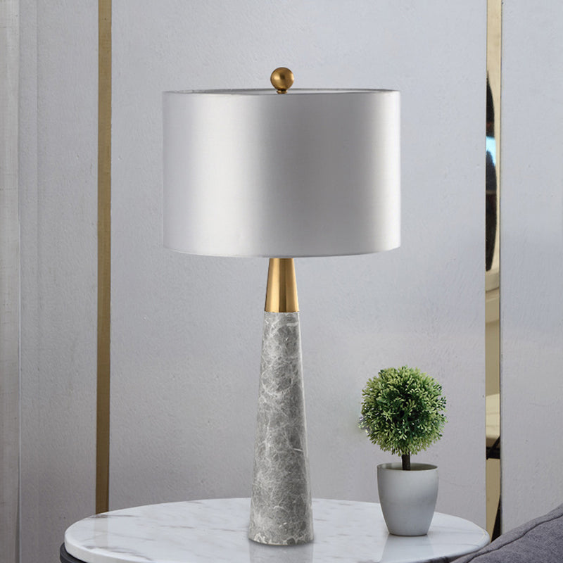 Conical Table Lamp Simplicity Marble 1-Light Grey Nightstand Light with Drum Fabric Shade