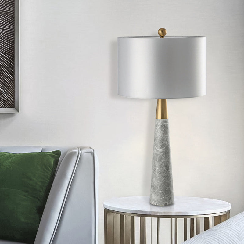 Conical Table Lamp Simplicity Marble 1-Light Grey Nightstand Light with Drum Fabric Shade