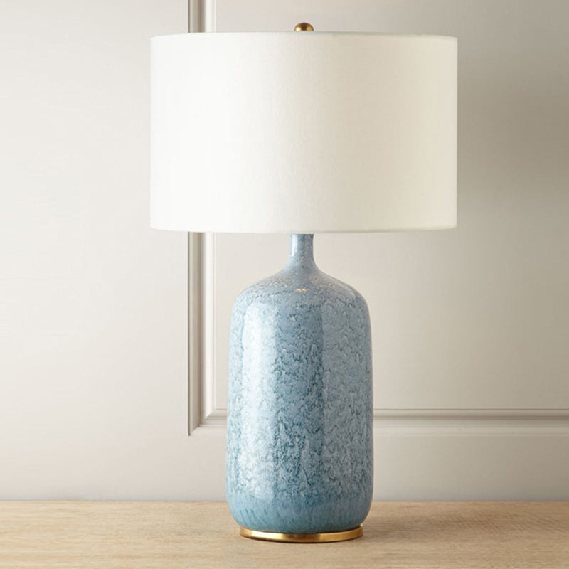 Blue Drum Table Light Minimalistic 1 Bulb Fabric Nightstand Lighting with Ceramic Base