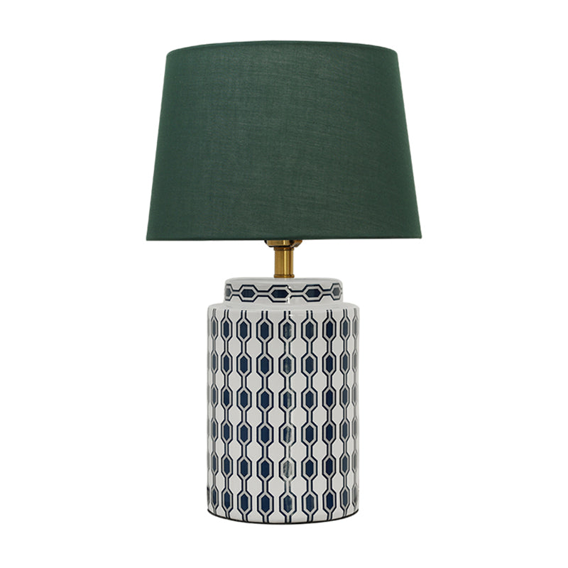 Cylindrical Bedside Nightstand Lamp Patterned Ceramic Single Simplistic Table Light with Empire Shade in Green