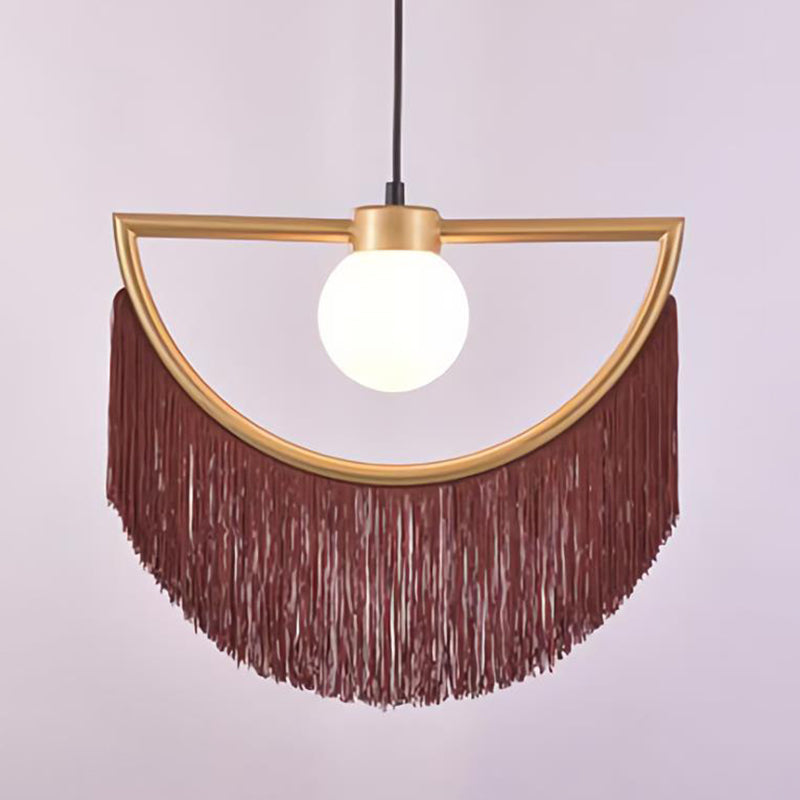 Minimalism Globe Suspension Light 1-Light Opal Glass Hanging Lamp with Decorative Fringe