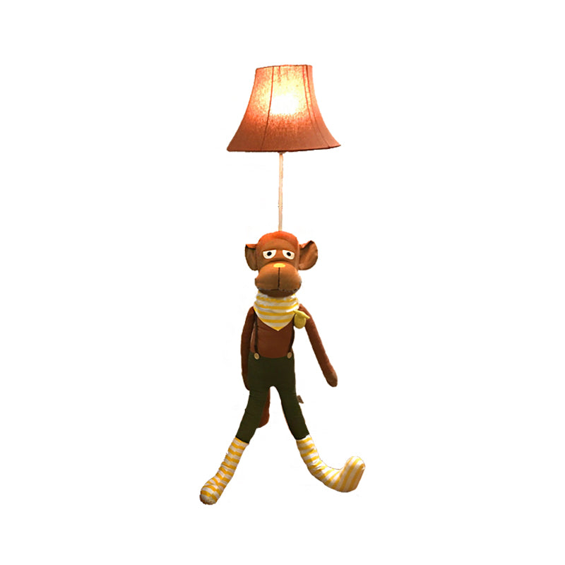 Brown Bell Shaped Stand Up Lamp Contemporary Stylish 1 Light Fabric Floor Lamp with Monkey Design