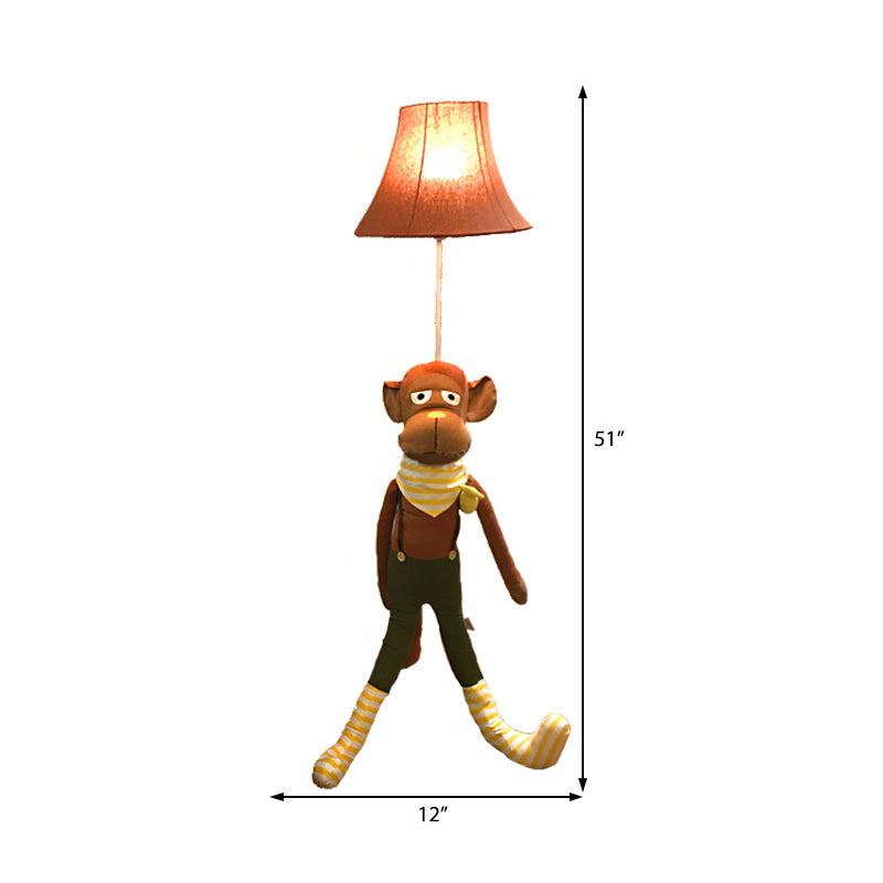 Brown Bell Shaped Stand Up Lamp Contemporary Stylish 1 Light Fabric Floor Lamp with Monkey Design