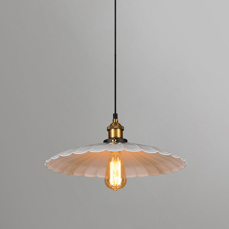 White Single Ceiling Light Industrial Metallic Scalloped Umbrella Hanging Pendant Light