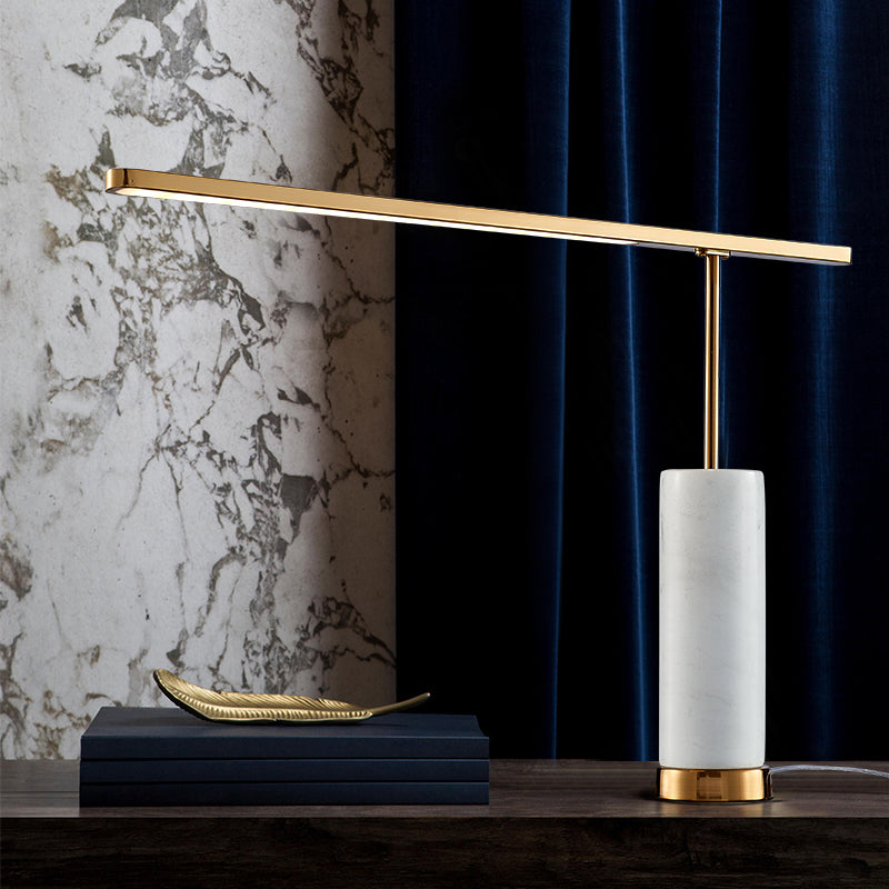 Metallic L-Shaped LED Nightstand Lamp Postmodern Gold Table Light with Cylindrical Marble Base