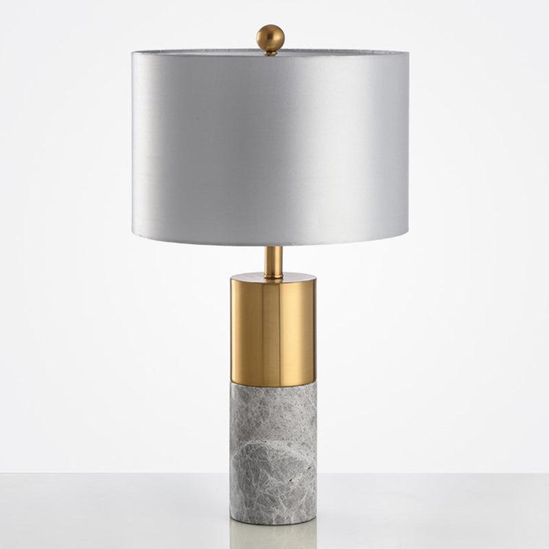 Round Bedside Nightstand Lamp Fabric 1-Light Minimalistic Table Light with Cylindrical Marble Base