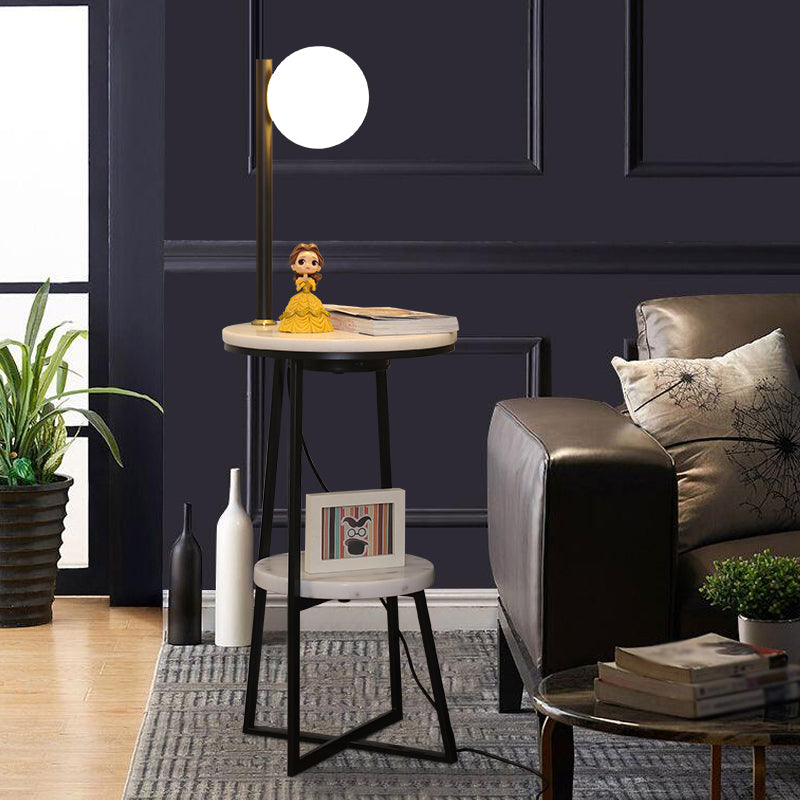 Sphère salon lampadaire Opale Verre simple simplicité debout légère avec étagère en marbre à 2 couches en noir