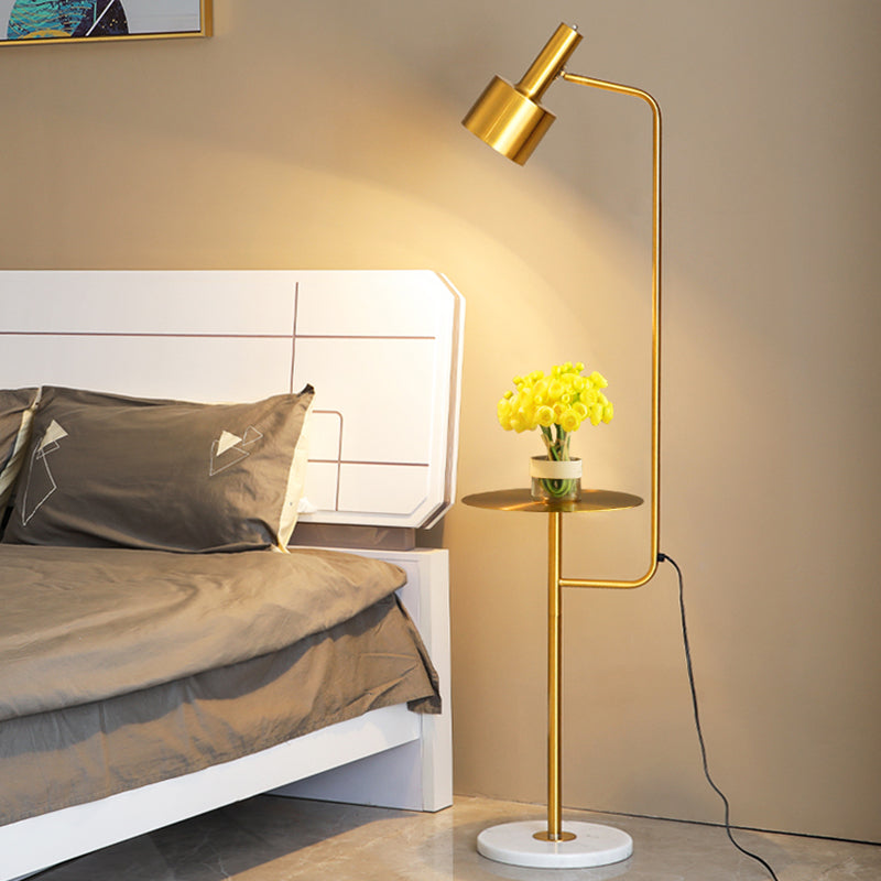 Metallic Flashlight Shaped Stand Up Lamp Post-Modern Single Bedside Floor Lighting with Tray and Marble Base