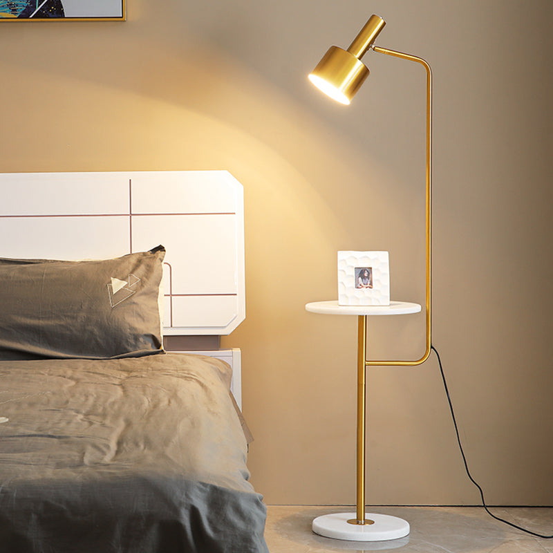 Metallic Flashlight Shaped Stand Up Lamp Post-Modern Single Bedside Floor Lighting with Tray and Marble Base