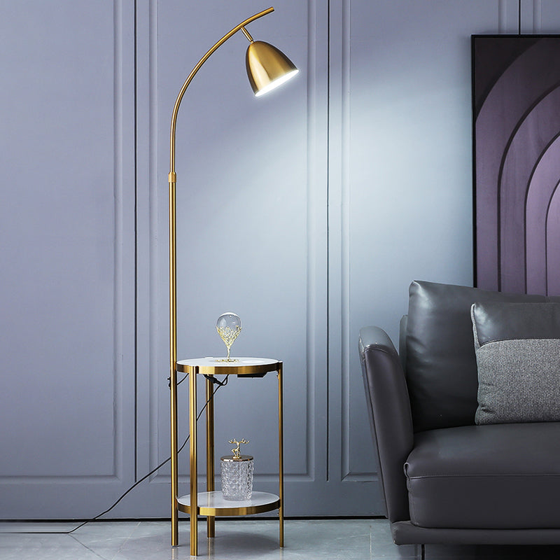 Bell Bedside Floor Lamp Metallic Single-Bulb Nordic Style Standing Lighting with 2-Tier Marble Shelf