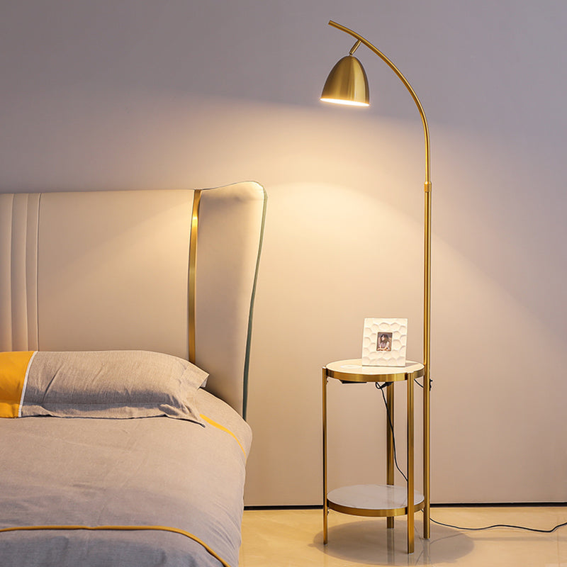 Bell Bedside Floor Lamp Metallic Single-Bulb Nordic Style Standing Lighting with 2-Tier Marble Shelf