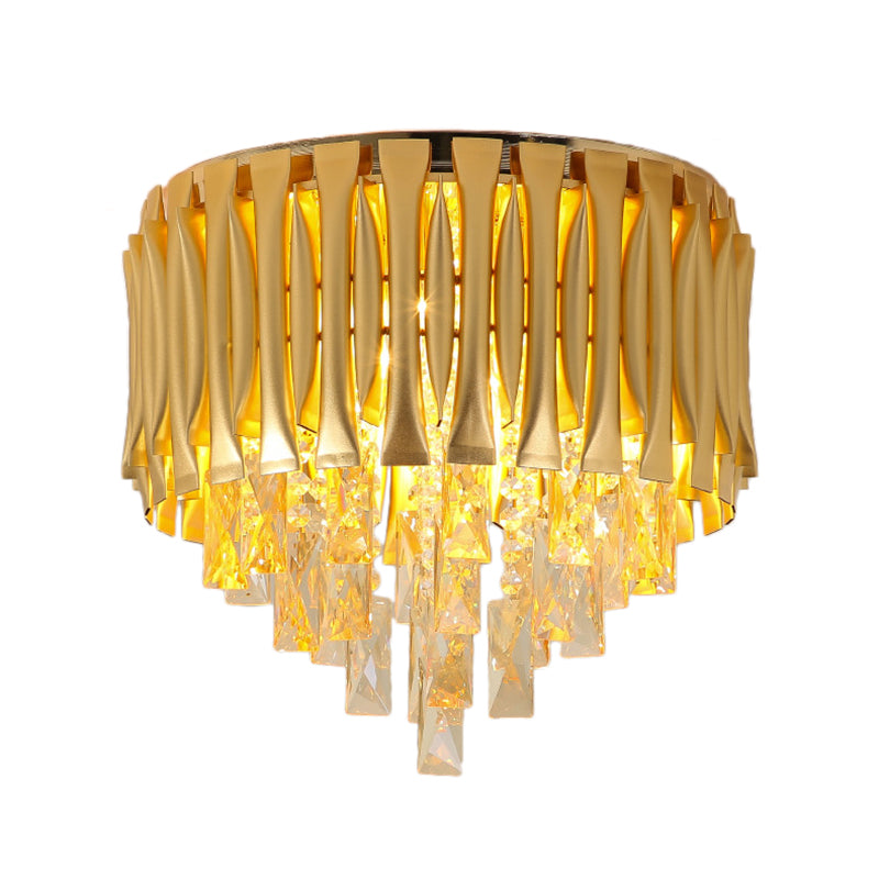 Drum Ceiling Light Fixture Modern Metal Shade 5 Lights Brass Flush Mount Light with Crystal Block Drop