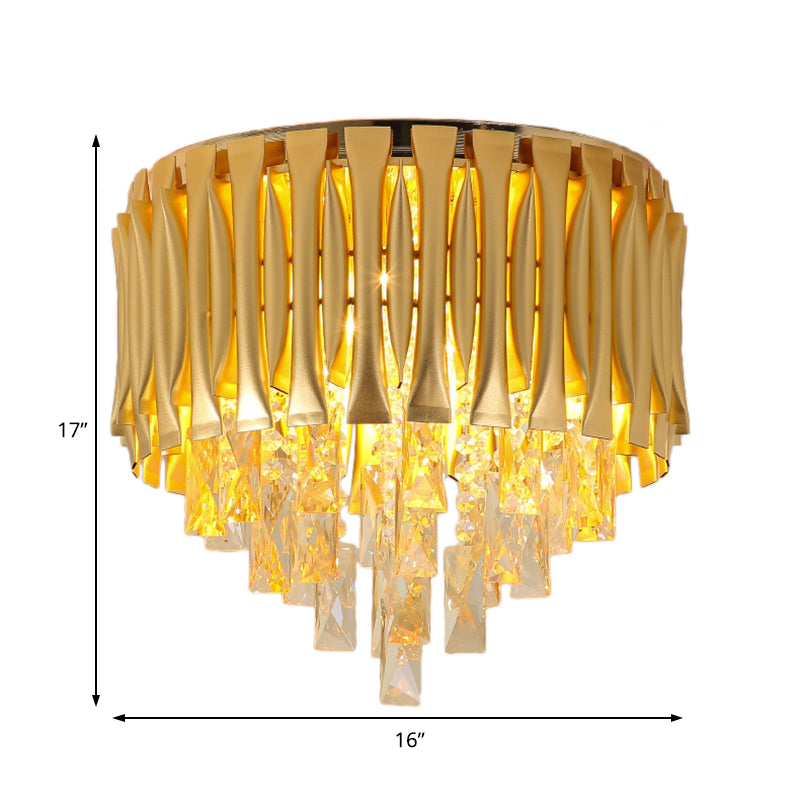 Drum Ceiling Light Fixture Modern Metal Shade 5 Lights Brass Flush Mount Light with Crystal Block Drop