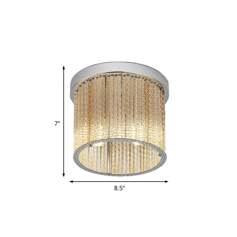 Moderne Zylinder-Deckenleuchte, spiralförmiger Glasstab, 2 Lichter, Balkon-Einbauleuchte in Chrom mit Kristalltropfen, 7"/10" breit