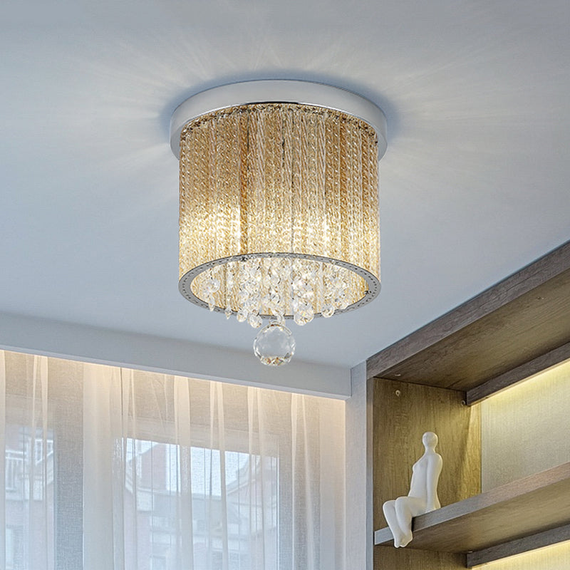 Lampada da soffitto moderna a cilindro a spirale di vetro Rod 2 luci Balcone a incasso in cromo con goccia di cristallo, 7 "/10" Wide