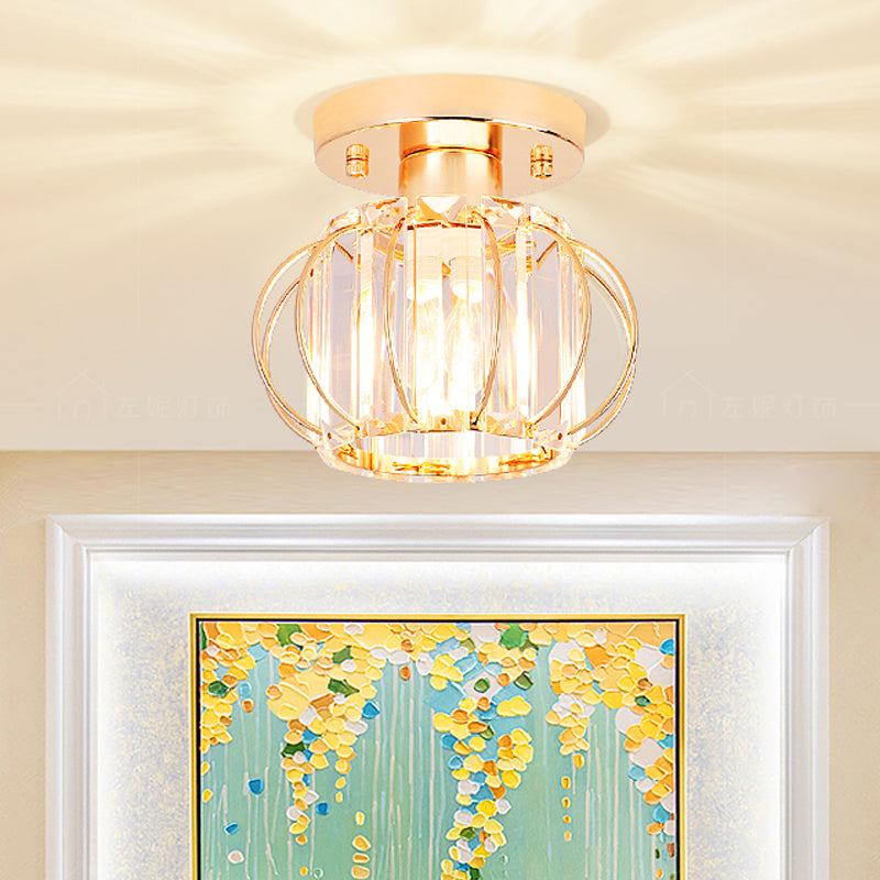 Gold Lantern Frame Ceiling Light Modern 1 Light Rectangular-Cut Crystal Semi Flush Mount Light