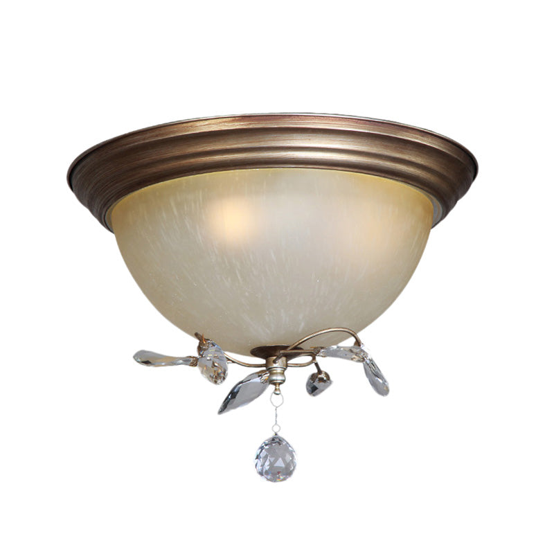 Rustic Dome Ceiling Fixture Glass Shade 3 Lights Bedroom Flush Mount Light with Crystal Drop