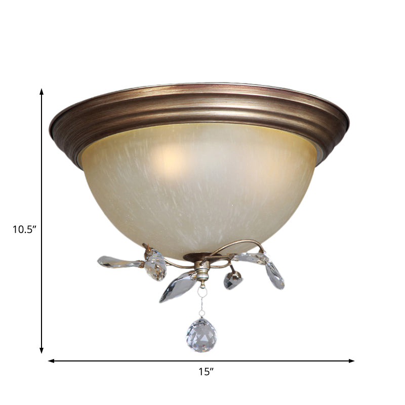 Rustic Dome Ceiling Fixture Glass Shade 3 Lights Bedroom Flush Mount Light with Crystal Drop