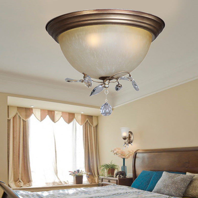 Rustic Dome Ceiling Fixture Glass Shade 3 Lights Bedroom Flush Mount Light with Crystal Drop