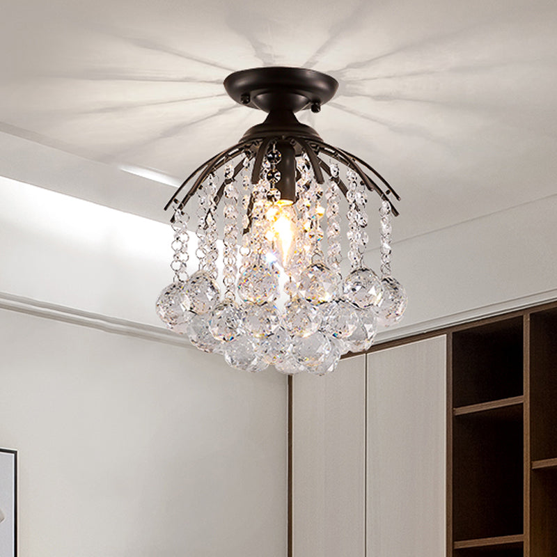 Bola de cristal facetada moderna en cascada Semi Flush 1 Luz de techo negro ligero de techo negro