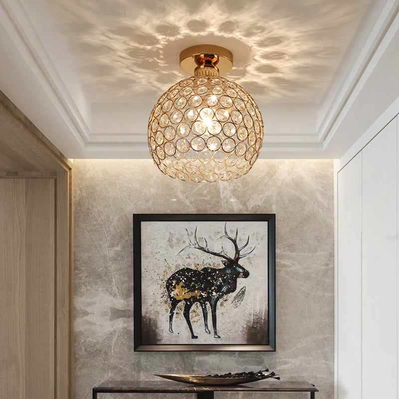 Metal and Crystal Dome Ceiling Fixture Modern 1 Light Gold Semi Flush Mount Light for Hallway