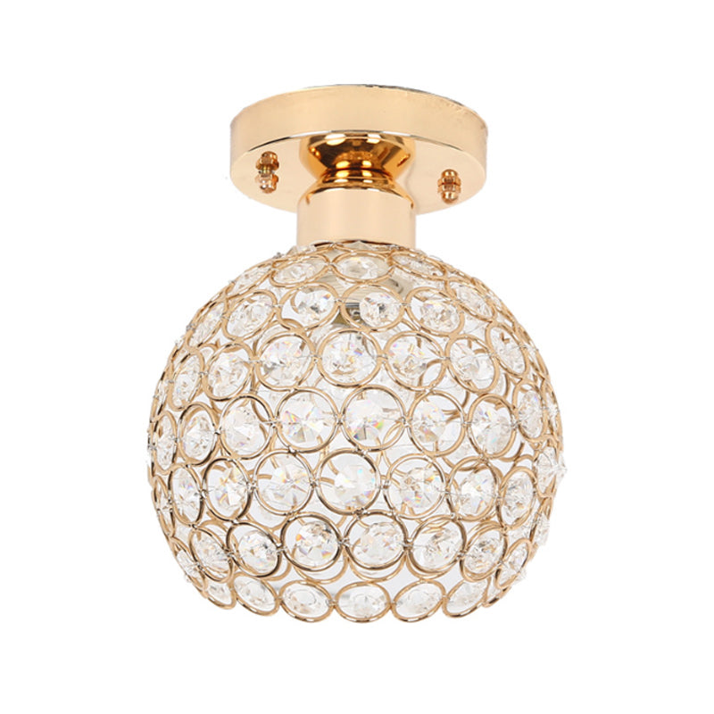 Metal and Crystal Dome Ceiling Fixture Modern 1 Light Gold Semi Flush Mount Light for Hallway