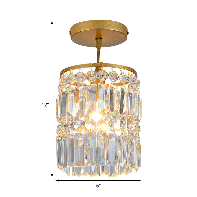 1 Light Hallway Semi Flush Light with Cylinder Crystal Shade Contemporary Brass Ceiling Lamp