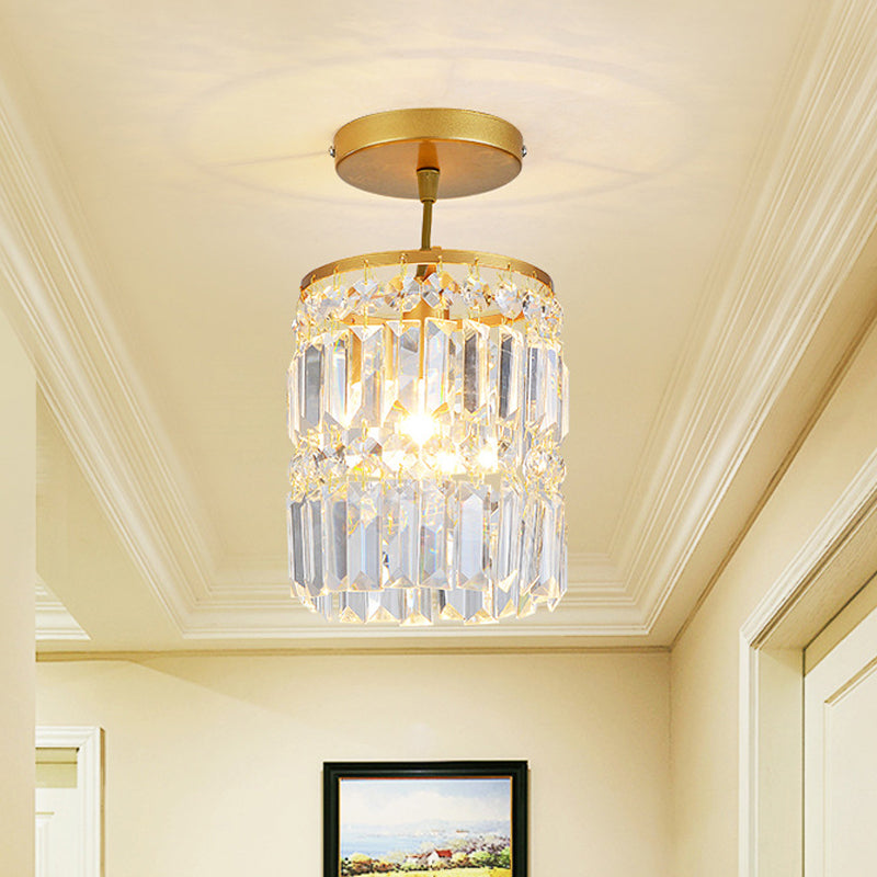 1 Light Hallway Semi Flush Light with Cylinder Crystal Shade Contemporary Brass Ceiling Lamp