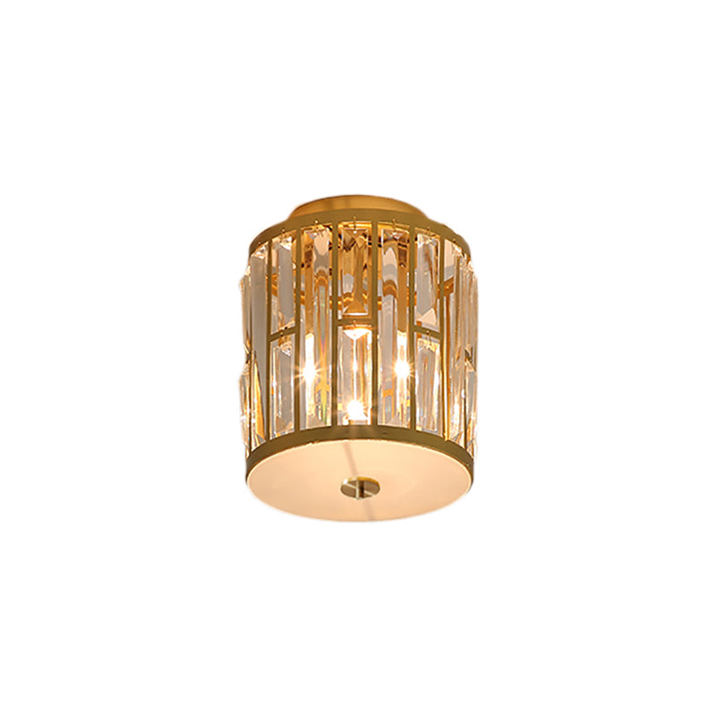 Cylinder Flush Mount Light Modern Metal and Crystal 1 Light Gold Ceiling Light Fixture