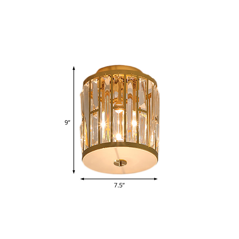 Cylinder Flush Mount Light Modern Metal and Crystal 1 Light Gold Ceiling Light Fixture