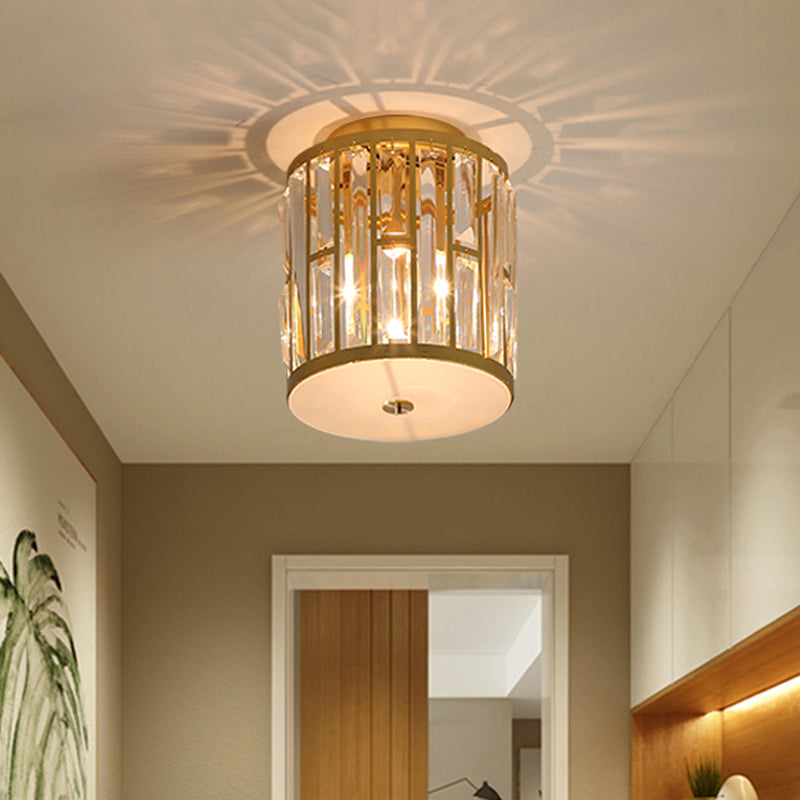 Cylinder Flush Mount Light Modern Metal and Crystal 1 Light Gold Ceiling Light Fixture