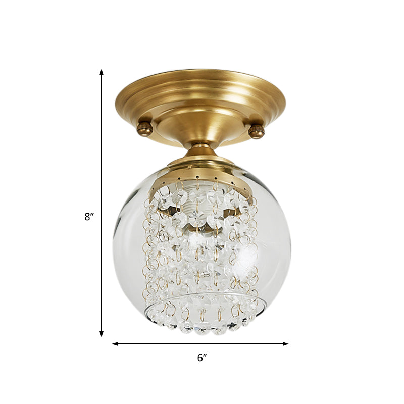 Clear Glass Shade Globe Ceiling Flush with Crystal Strand Modern 1 Light Brass Flush Mount for Hallway