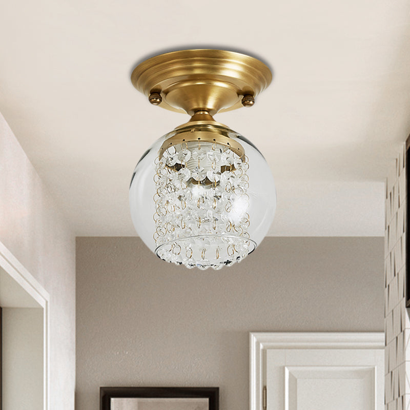 Clear Glass Shade Globe Ceiling Flush with Crystal Strand Modern 1 Light Brass Flush Mount for Hallway