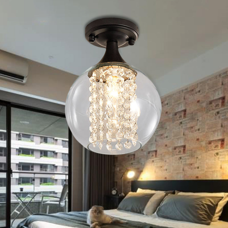 1 Light Corridor Semi Flush Mount Light with Cylinder/Globe Glass Shade and Crystal Strand Vintage Black Ceiling Fixture