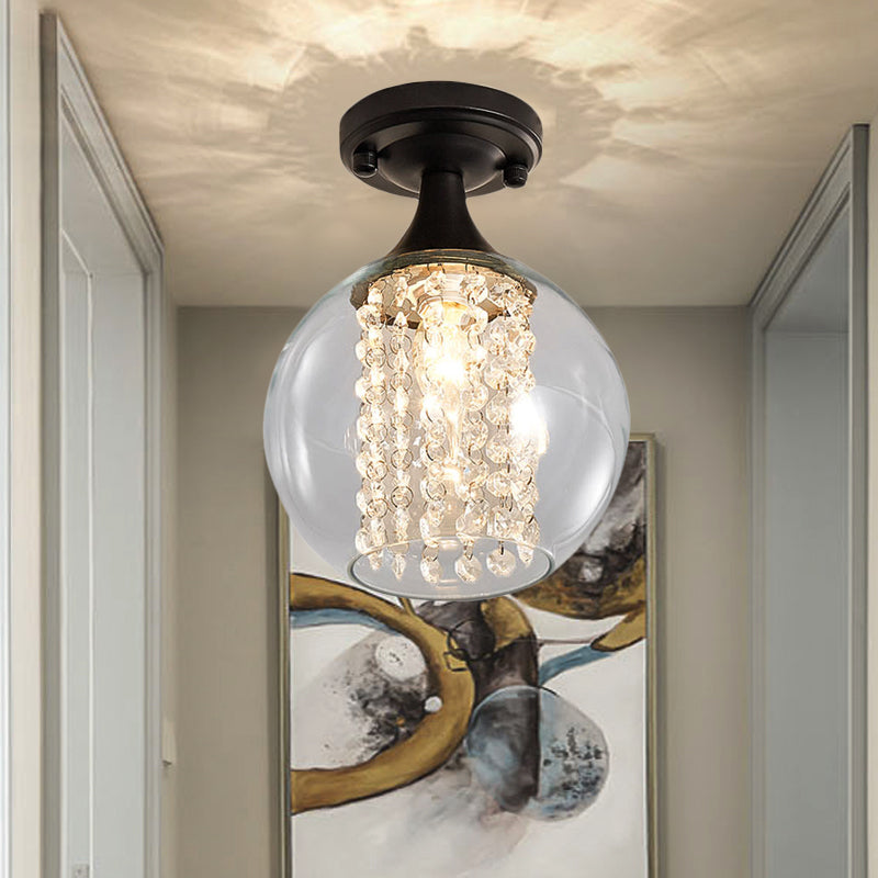 1 lichte gang semi -spoelmontage licht met cilinder/bolglasschaduw en kristalstreng vintage zwart plafond armatuur