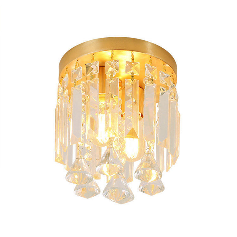 Cylinder Flush Mount Light Modern Crystal Block 2 Lights Corridor Ceiling Flush in Brass, 8"/10" Wide