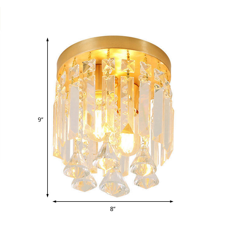 Cylinder Flush Mount Light Modern Crystal Block 2 Lights Corridor Ceiling Flush in Brass, 8"/10" Wide