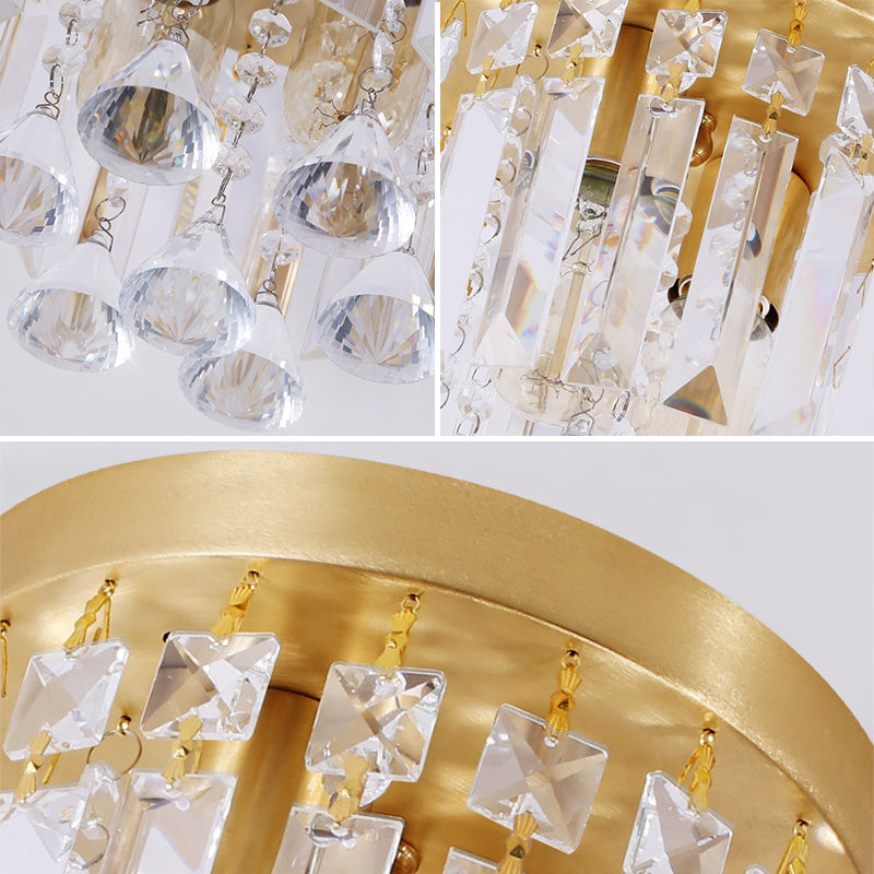 Cylinder Flush Mount Light Modern Crystal Block 2 Lights Corridor Ceiling Flush in Brass, 8"/10" Wide