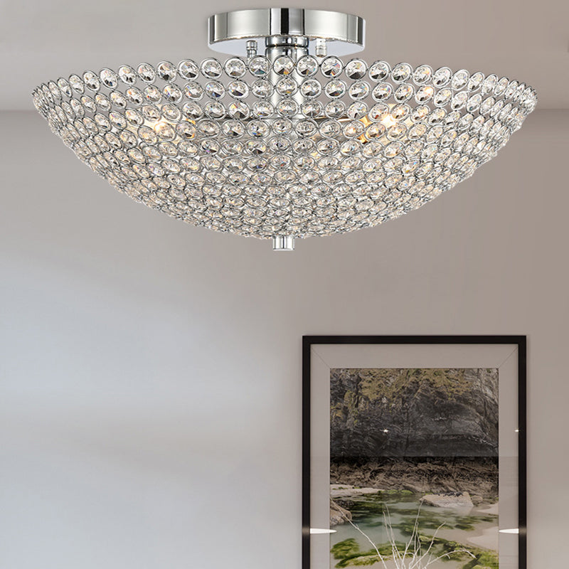 Postmodern Dome Ceiling Light Metal and Crystal 3 Lights Bedroom Semi Flush Mount Light in Chrome